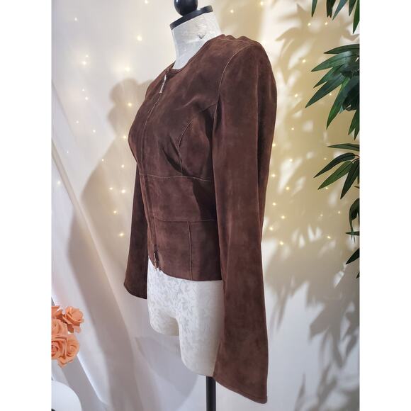 Bebe Vtg Y2K 100% Leather Patchwork Cropped Double Zip Jacket Size M Brown - Picture 2 of 11